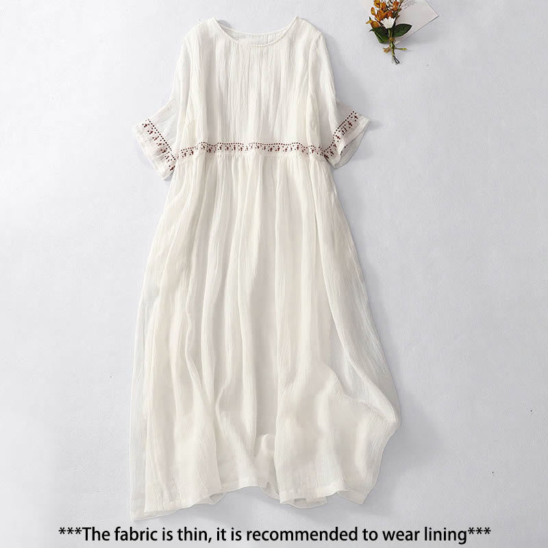 Vestido midi de algodón de manga corta con bordado de Buddha Stones en color liso - image 1