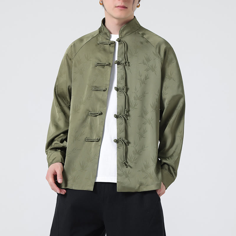 Camisa de manga larga para hombre con diseño de rana china y botones, diseño de hojas de bambú y jacquard de primavera con Buddha Stones - image 7