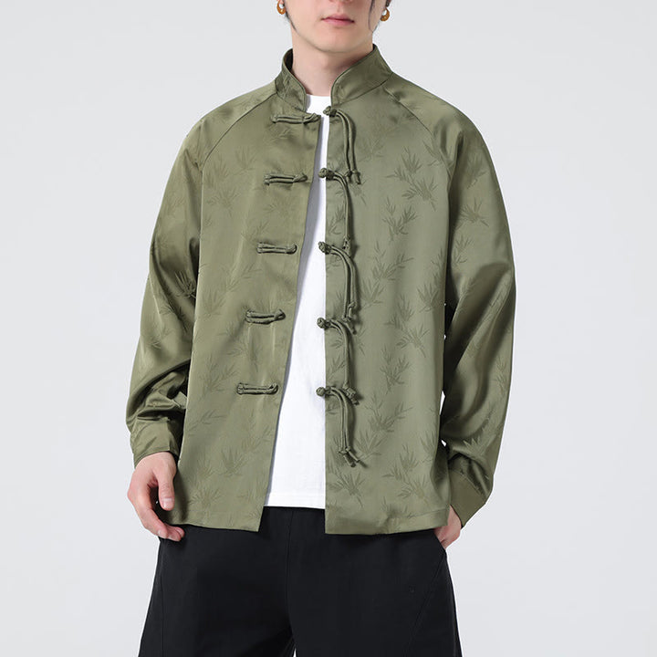 Camisa de manga larga para hombre con diseño de rana china y botones, diseño de hojas de bambú y jacquard de primavera con Buddha Stones - image 7