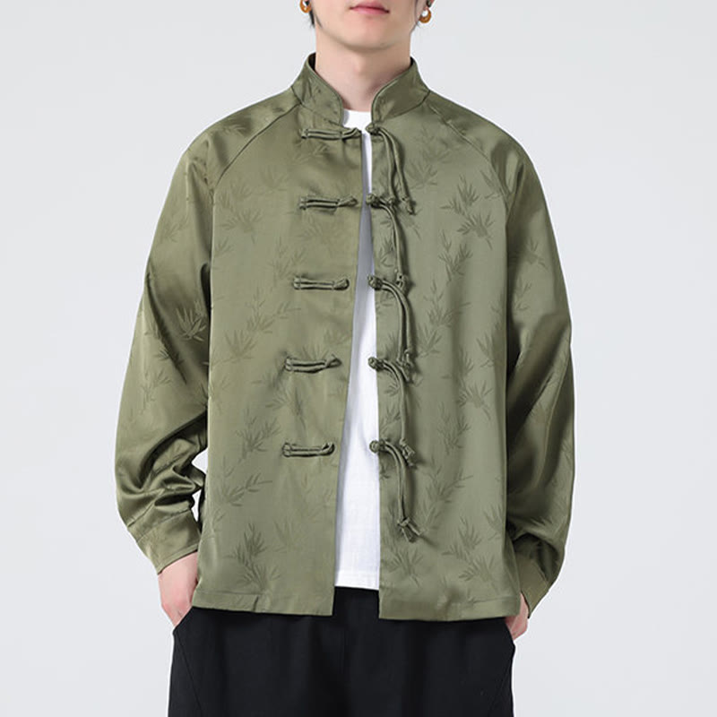 Camisa de manga larga para hombre con diseño de rana china y botones, diseño de hojas de bambú y jacquard de primavera con Buddha Stones - image 5