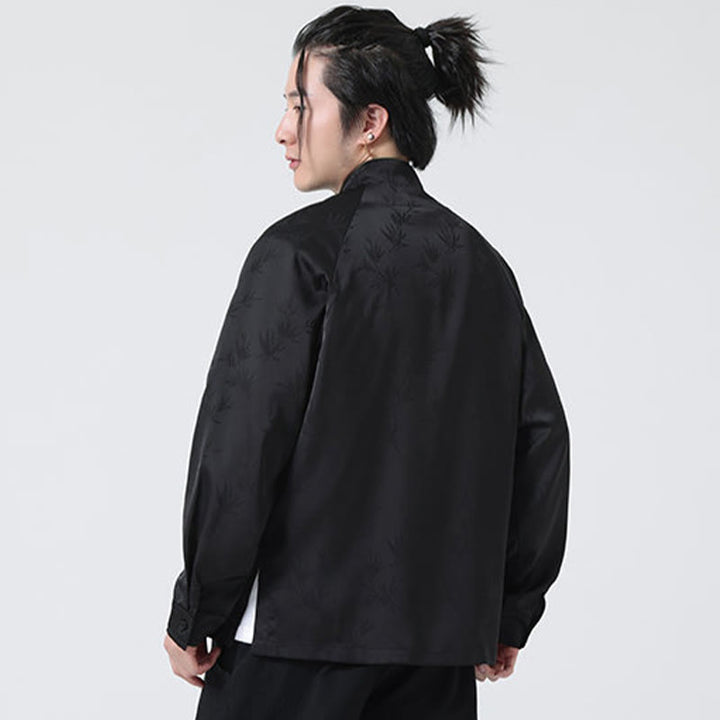 Camisa de manga larga para hombre con diseño de rana china y botones, diseño de hojas de bambú y jacquard de primavera con Buddha Stones - image 22