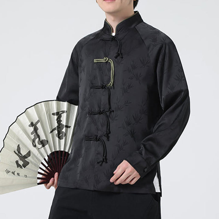 Camisa de manga larga para hombre con diseño de rana china y botones, diseño de hojas de bambú y jacquard de primavera con Buddha Stones - image 24