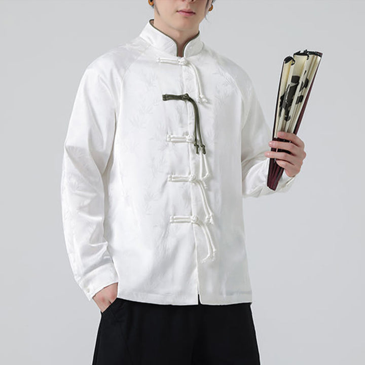 Camisa de manga larga para hombre con diseño de rana china y botones, diseño de hojas de bambú y jacquard de primavera con Buddha Stones - image 18