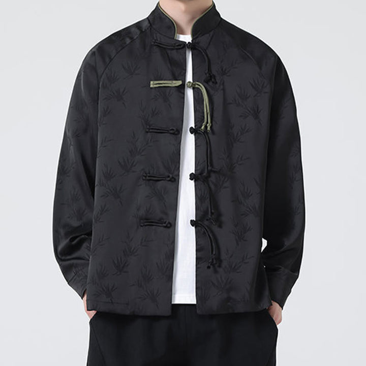 Camisa de manga larga para hombre con diseño de rana china y botones, diseño de hojas de bambú y jacquard de primavera con Buddha Stones - image 26