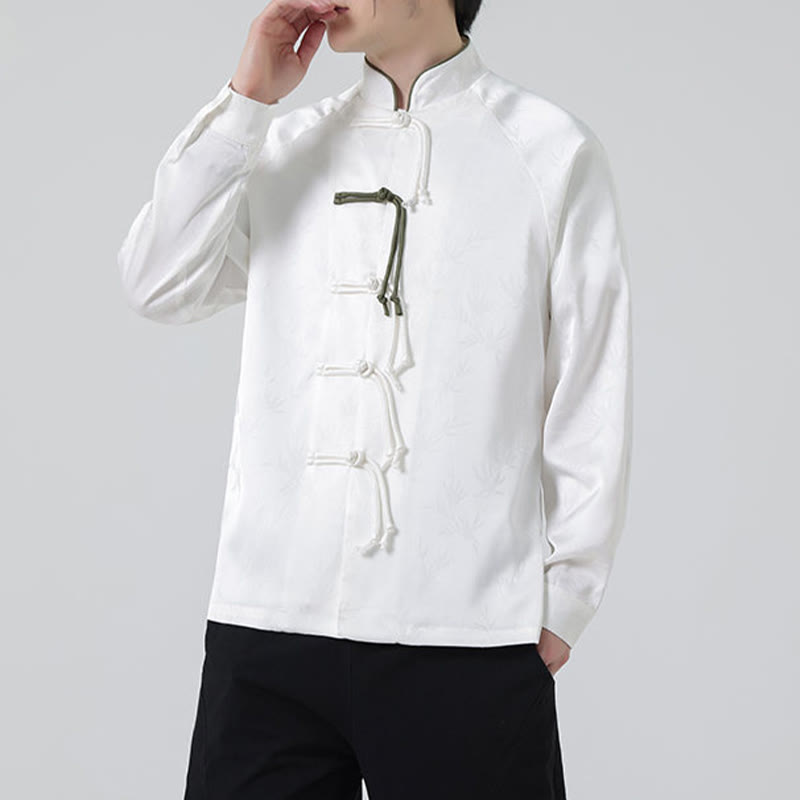 Camisa de manga larga para hombre con diseño de rana china y botones, diseño de hojas de bambú y jacquard de primavera con Buddha Stones - image 16