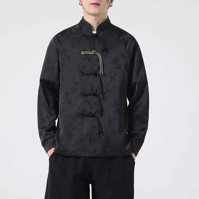 Camisa de manga larga para hombre con diseño de rana china y botones, diseño de hojas de bambú y jacquard de primavera con Buddha Stones - Negro - US/UK/AU46, EU56 (5XL) - image 19