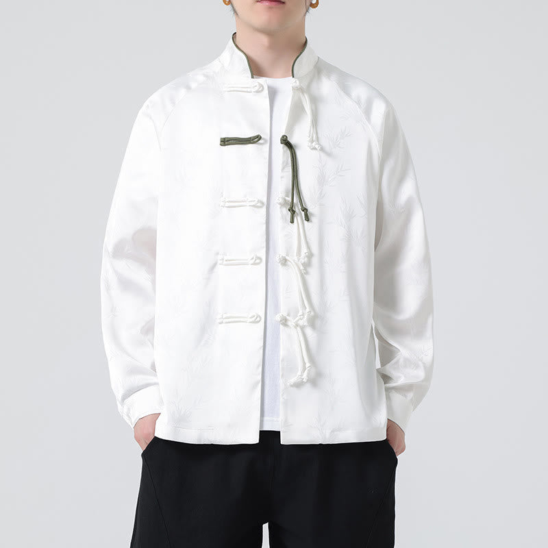 Camisa de manga larga para hombre con diseño de rana china y botones, diseño de hojas de bambú y jacquard de primavera con Buddha Stones - Blanco - US/UK/AU46, EU56 (5XL) - image 13