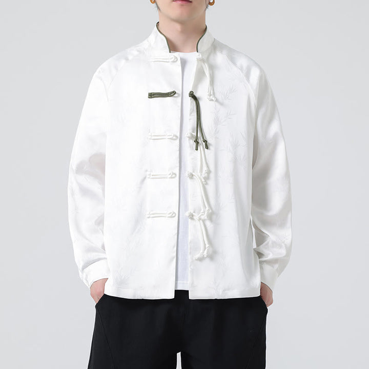 Camisa de manga larga para hombre con diseño de rana china y botones, diseño de hojas de bambú y jacquard de primavera con Buddha Stones - Blanco - US/UK/AU46, EU56 (5XL) - image 13