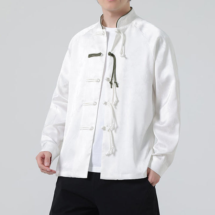 Camisa de manga larga para hombre con diseño de rana china y botones, diseño de hojas de bambú y jacquard de primavera con Buddha Stones - image 13