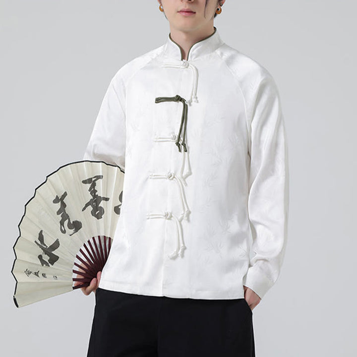 Camisa de manga larga para hombre con diseño de rana china y botones, diseño de hojas de bambú y jacquard de primavera con Buddha Stones - image 17