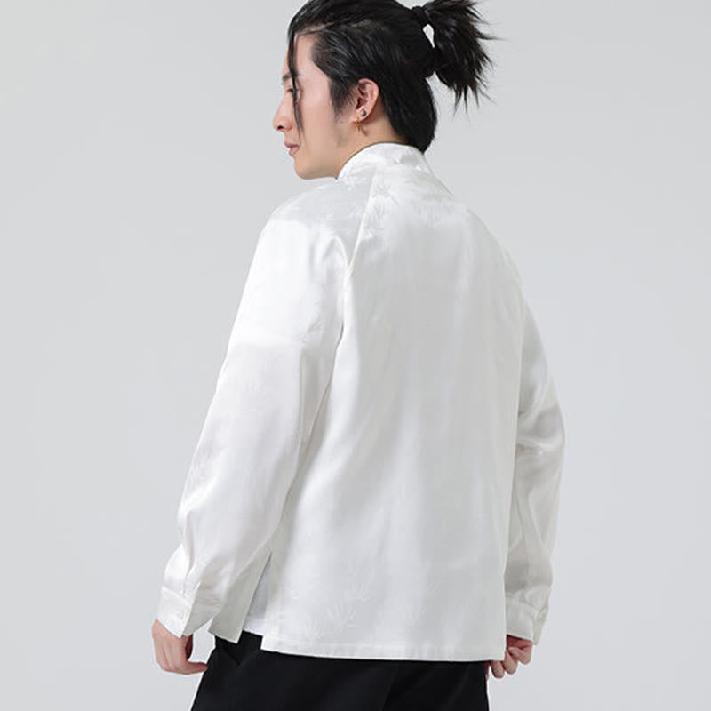 Camisa de manga larga para hombre con diseño de rana china y botones, diseño de hojas de bambú y jacquard de primavera con Buddha Stones - image 15