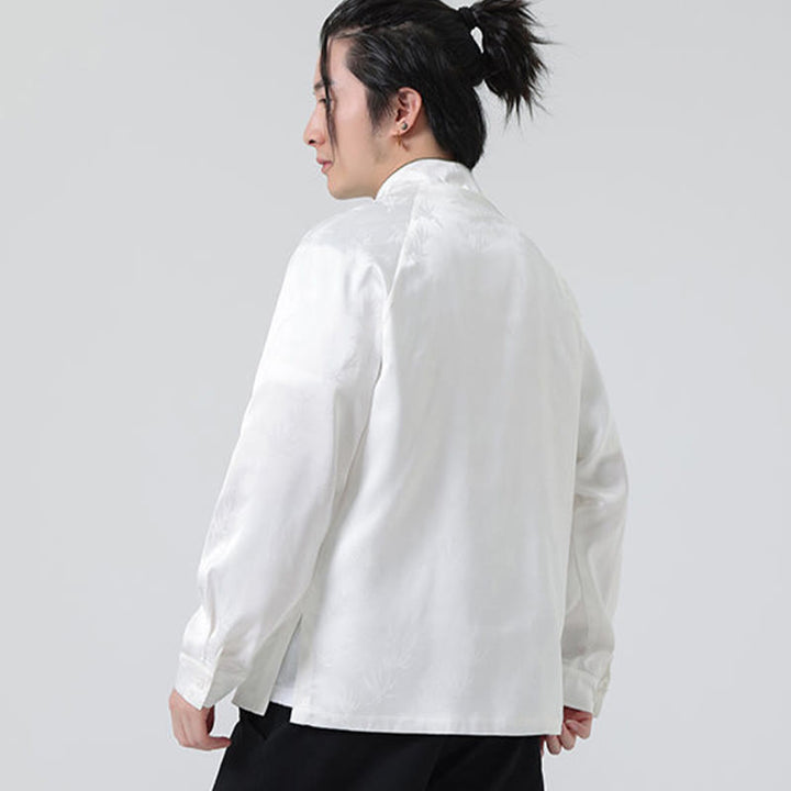 Camisa de manga larga para hombre con diseño de rana china y botones, diseño de hojas de bambú y jacquard de primavera con Buddha Stones - image 15