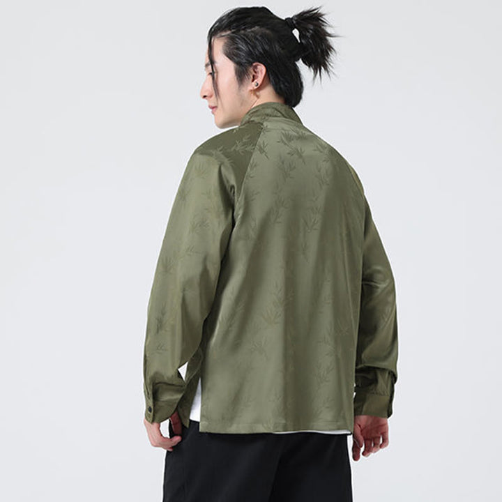 Camisa de manga larga para hombre con diseño de rana china y botones, diseño de hojas de bambú y jacquard de primavera con Buddha Stones - image 5