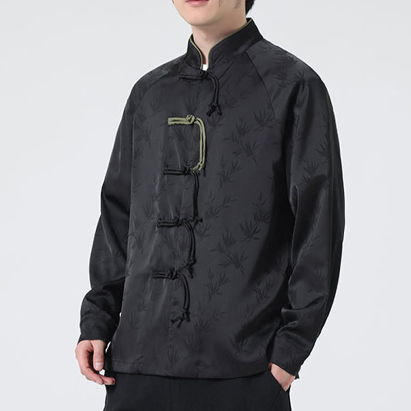 Camisa de manga larga para hombre con diseño de rana china y botones, diseño de hojas de bambú y jacquard de primavera con Buddha Stones - image 23