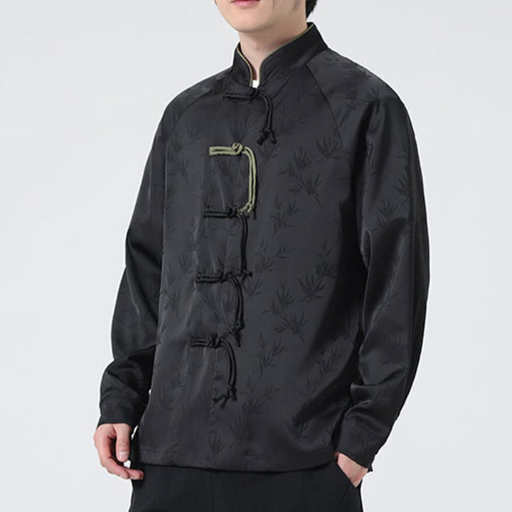 Camisa de manga larga para hombre con diseño de rana china y botones, diseño de hojas de bambú y jacquard de primavera con Buddha Stones - image 23