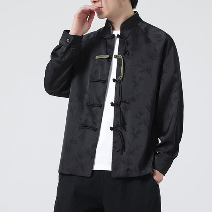 Camisa de manga larga para hombre con diseño de rana china y botones, diseño de hojas de bambú y jacquard de primavera con Buddha Stones - image 25