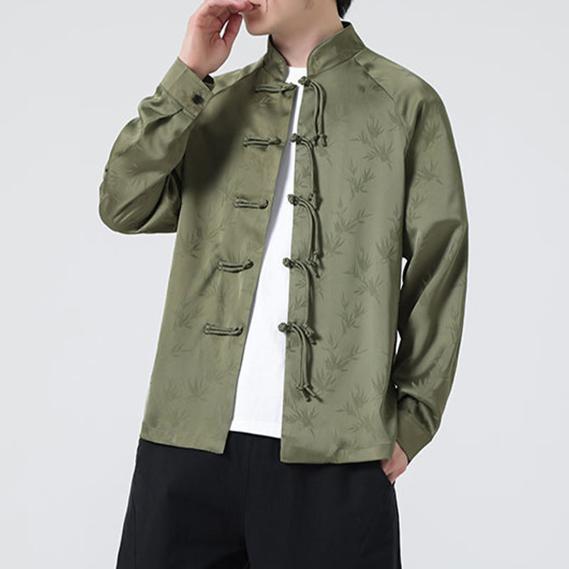 Camisa de manga larga para hombre con diseño de rana china y botones, diseño de hojas de bambú y jacquard de primavera con Buddha Stones - image 8