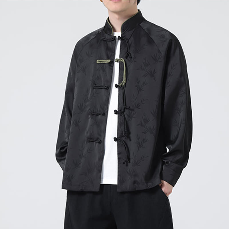 Camisa de manga larga para hombre con diseño de rana china y botones, diseño de hojas de bambú y jacquard de primavera con Buddha Stones - image 20