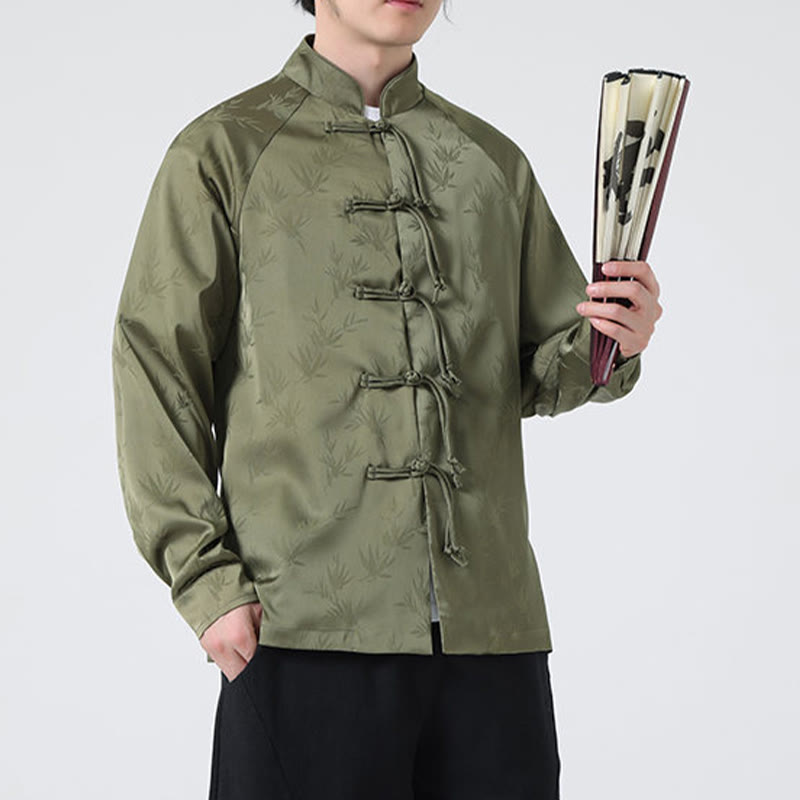 Camisa de manga larga para hombre con diseño de rana china y botones, diseño de hojas de bambú y jacquard de primavera con Buddha Stones - image 2