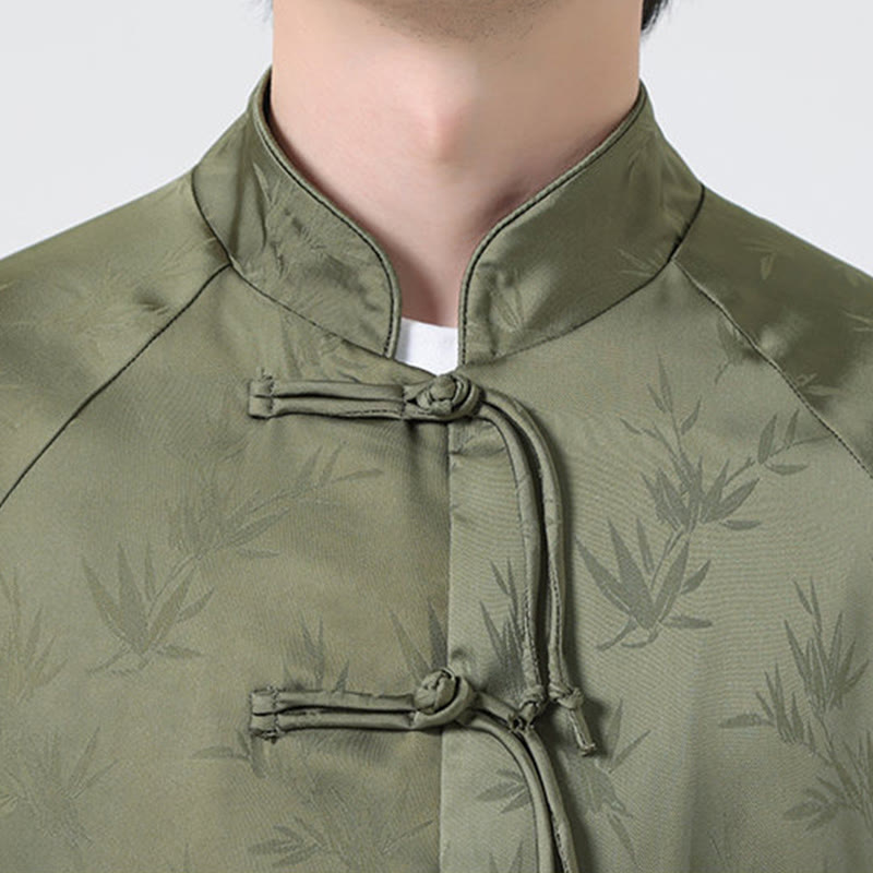 Camisa de manga larga para hombre con diseño de rana china y botones, diseño de hojas de bambú y jacquard de primavera con Buddha Stones - image 9