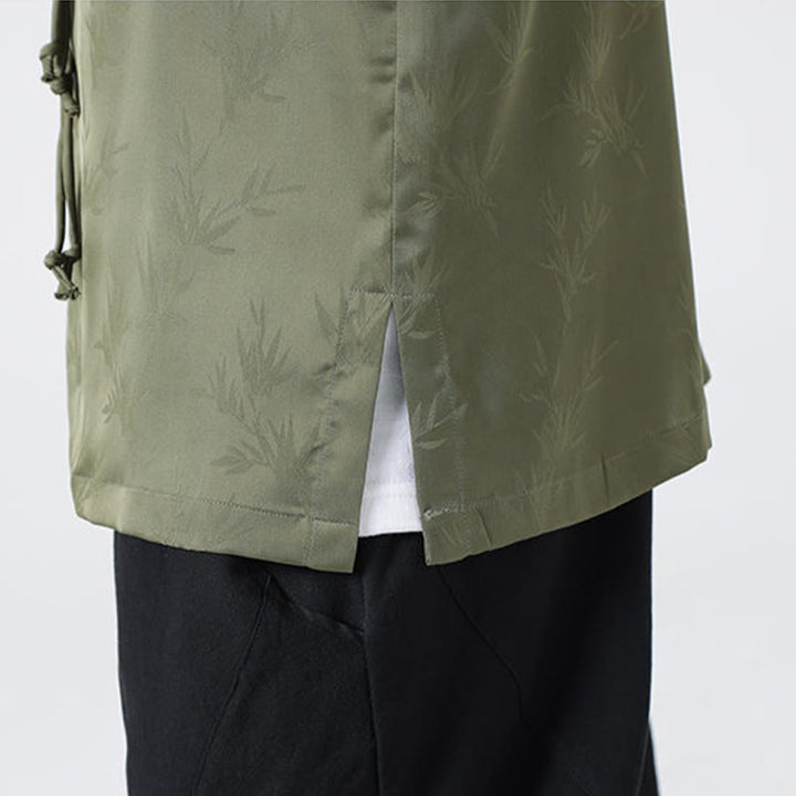 Camisa de manga larga para hombre con diseño de rana china y botones, diseño de hojas de bambú y jacquard de primavera con Buddha Stones - image 11