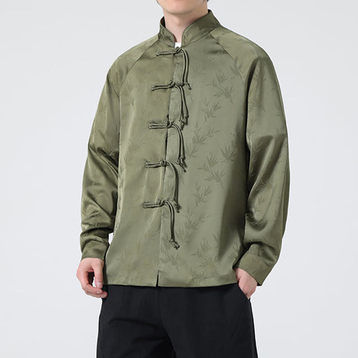 Camisa de manga larga para hombre con diseño de rana china y botones, diseño de hojas de bambú y jacquard de primavera con Buddha Stones - image 3
