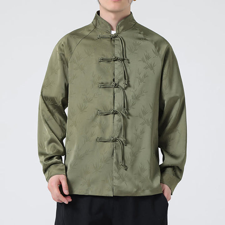 Camisa de manga larga para hombre con diseño de rana china y botones, diseño de hojas de bambú y jacquard de primavera con Buddha Stones - image 3