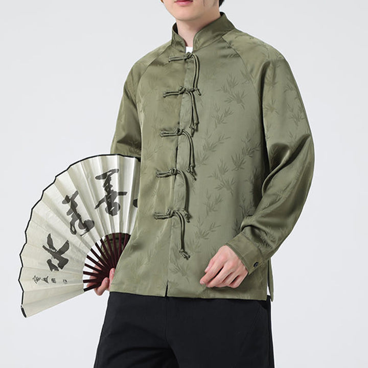 Camisa de manga larga para hombre con diseño de rana china y botones, diseño de hojas de bambú y jacquard de primavera con Buddha Stones - Verde oliva - US/UK/AU46, EU56 (5XL) - image 1