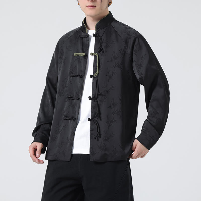 Camisa de manga larga para hombre con diseño de rana china y botones, diseño de hojas de bambú y jacquard de primavera con Buddha Stones - image 21