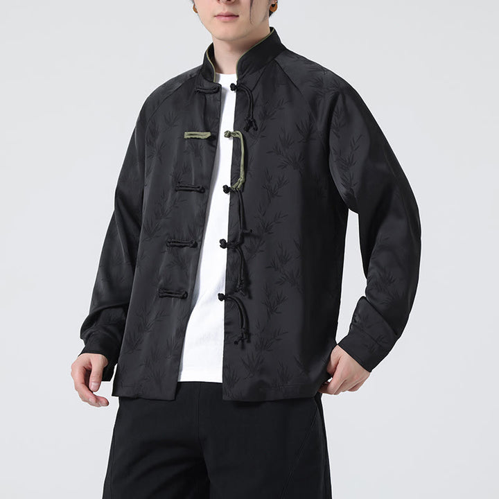 Camisa de manga larga para hombre con diseño de rana china y botones, diseño de hojas de bambú y jacquard de primavera con Buddha Stones - image 21