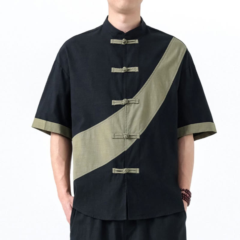 Camisa de lino y algodón de media manga para hombre con diseño de rana china y botones en contraste de colores primaverales y Buddha Stones - image 3
