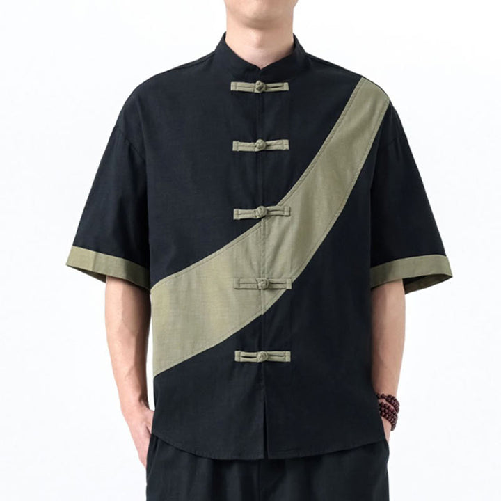 Camisa de lino y algodón de media manga para hombre con diseño de rana china y botones en contraste de colores primaverales y Buddha Stones - image 3