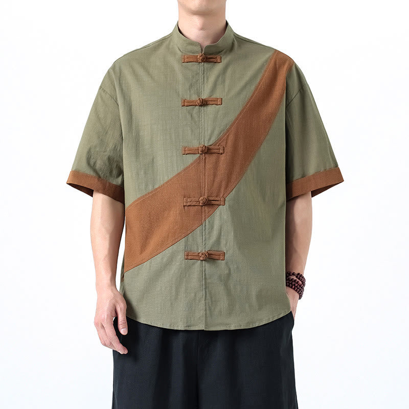Camisa de lino y algodón de media manga para hombre con diseño de rana china y botones en contraste de colores primaverales y Buddha Stones - Verde mar oscuro - US/UK/AU46, EU56 (5XL) - image 11