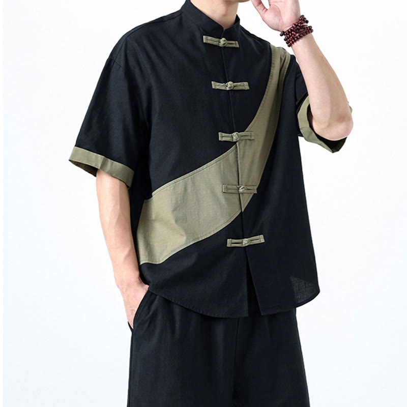 Camisa de lino y algodón de media manga para hombre con diseño de rana china y botones en contraste de colores primaverales y Buddha Stones - image 7