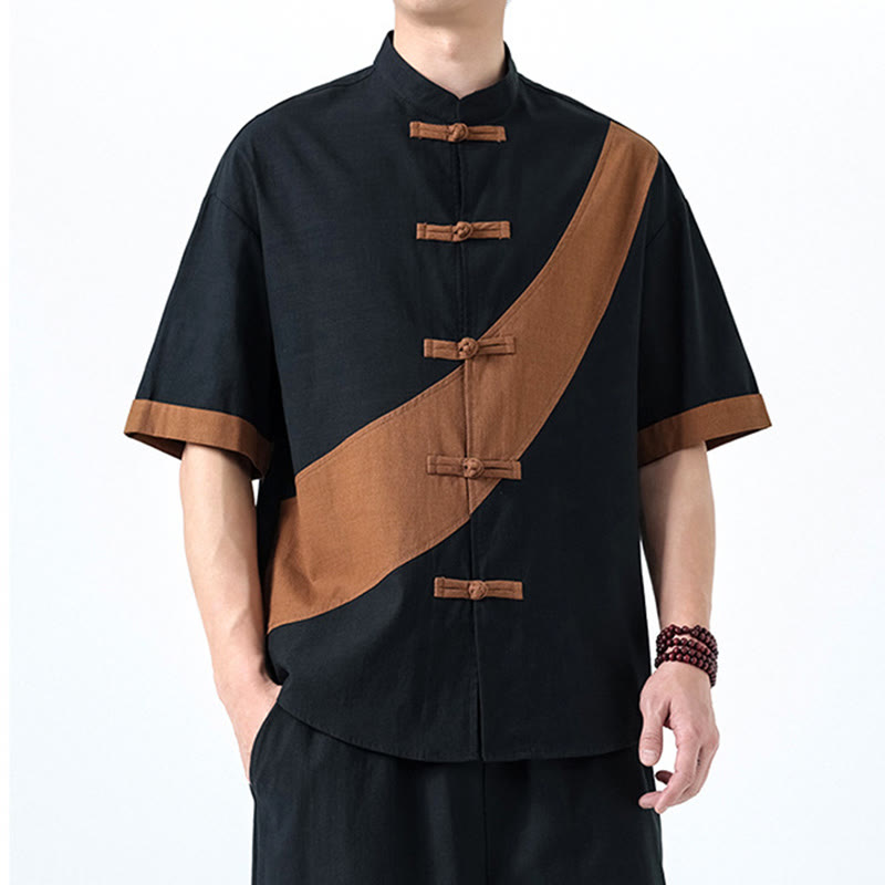 Camisa de lino y algodón de media manga para hombre con diseño de rana china y botones en contraste de colores primaverales y Buddha Stones - image 31
