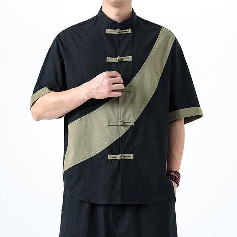 Camisa de lino y algodón de media manga para hombre con diseño de rana china y botones en contraste de colores primaverales y Buddha Stones - image 4