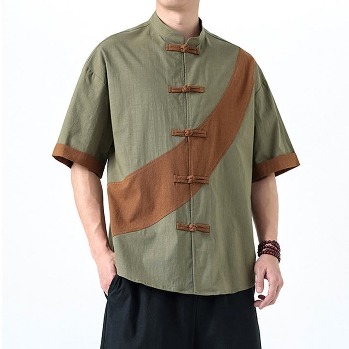 Camisa de lino y algodón de media manga para hombre con diseño de rana china y botones en contraste de colores primaverales y Buddha Stones - image 14