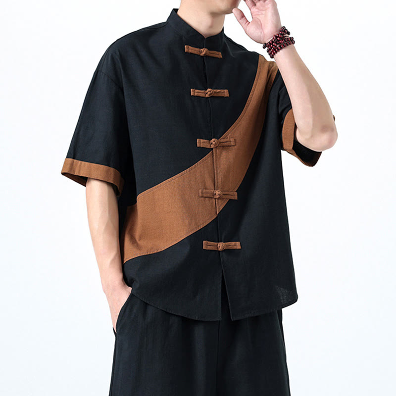 Camisa de lino y algodón de media manga para hombre con diseño de rana china y botones en contraste de colores primaverales y Buddha Stones - image 32