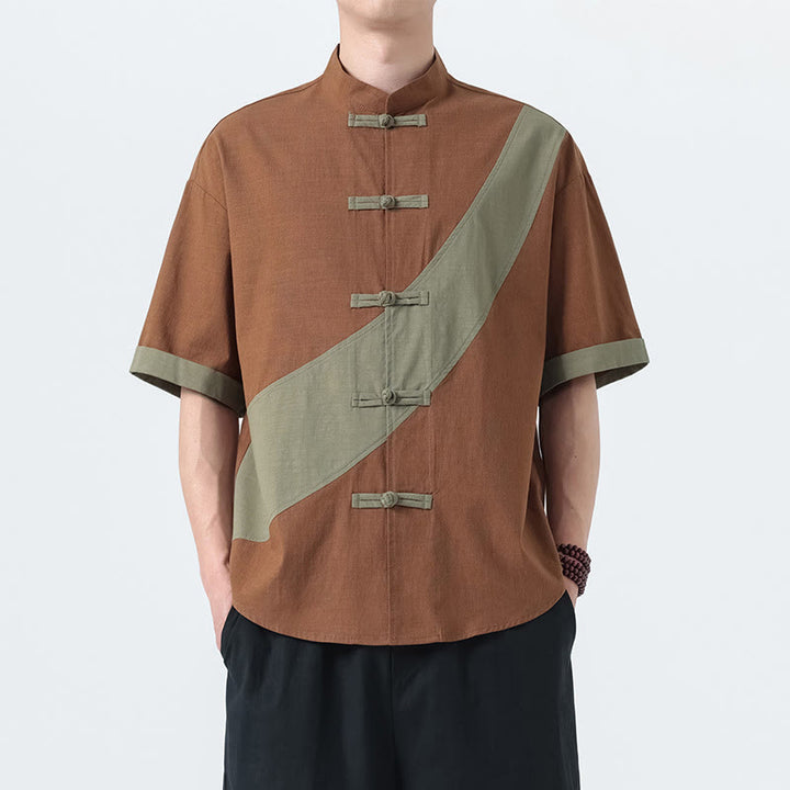 Camisa de lino y algodón de media manga para hombre con diseño de rana china y botones en contraste de colores primaverales y Buddha Stones - image 27