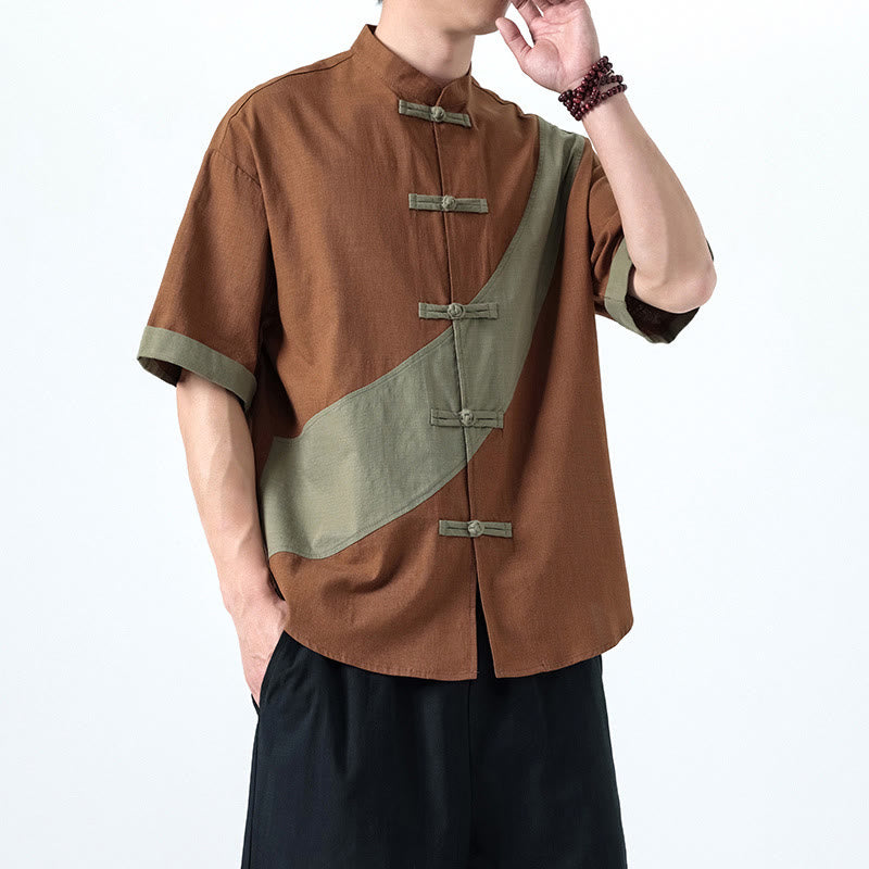 Camisa de lino y algodón de media manga para hombre con diseño de rana china y botones en contraste de colores primaverales y Buddha Stones - image 28