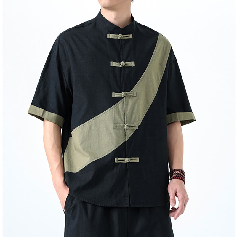Camisa de lino y algodón de media manga para hombre con diseño de rana china y botones en contraste de colores primaverales y Buddha Stones - image 5