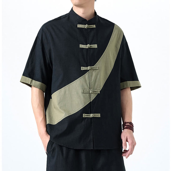 Camisa de lino y algodón de media manga para hombre con diseño de rana china y botones en contraste de colores primaverales y Buddha Stones - image 5