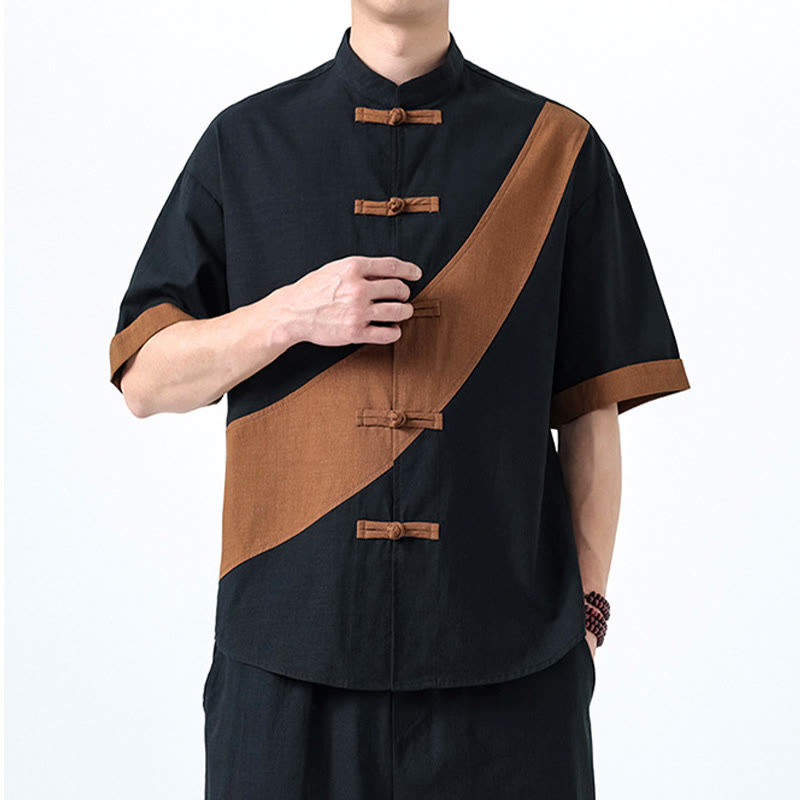 Camisa de lino y algodón de media manga para hombre con diseño de rana china y botones en contraste de colores primaverales y Buddha Stones - image 33