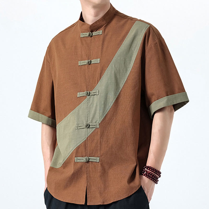Camisa de lino y algodón de media manga para hombre con diseño de rana china y botones en contraste de colores primaverales y Buddha Stones - image 23