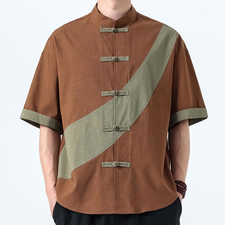 Camisa de lino y algodón de media manga para hombre con diseño de rana china y botones en contraste de colores primaverales y Buddha Stones - image 24
