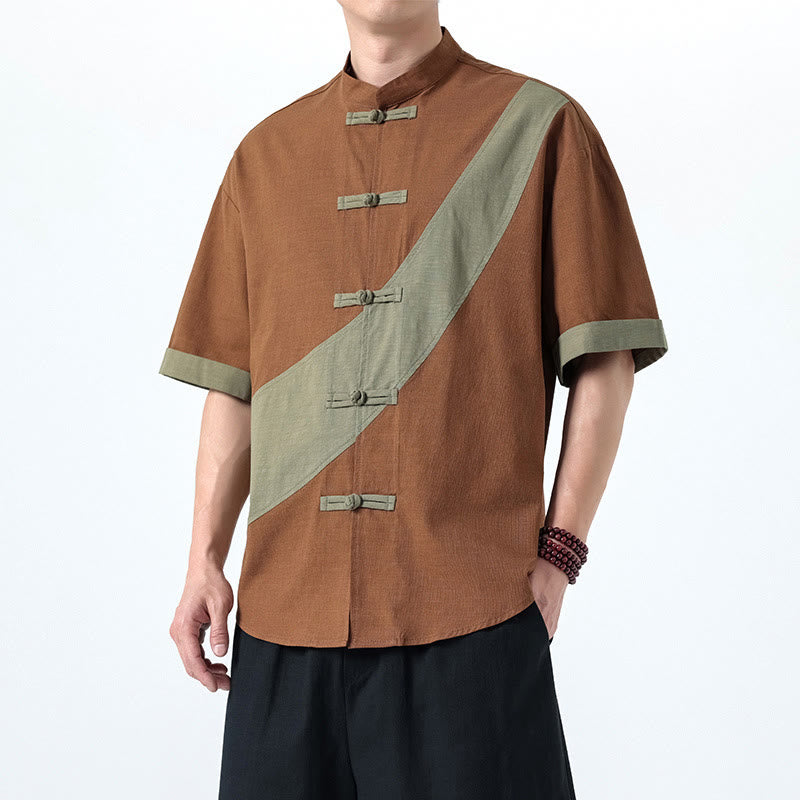 Camisa de lino y algodón de media manga para hombre con diseño de rana china y botones en contraste de colores primaverales y Buddha Stones - image 20