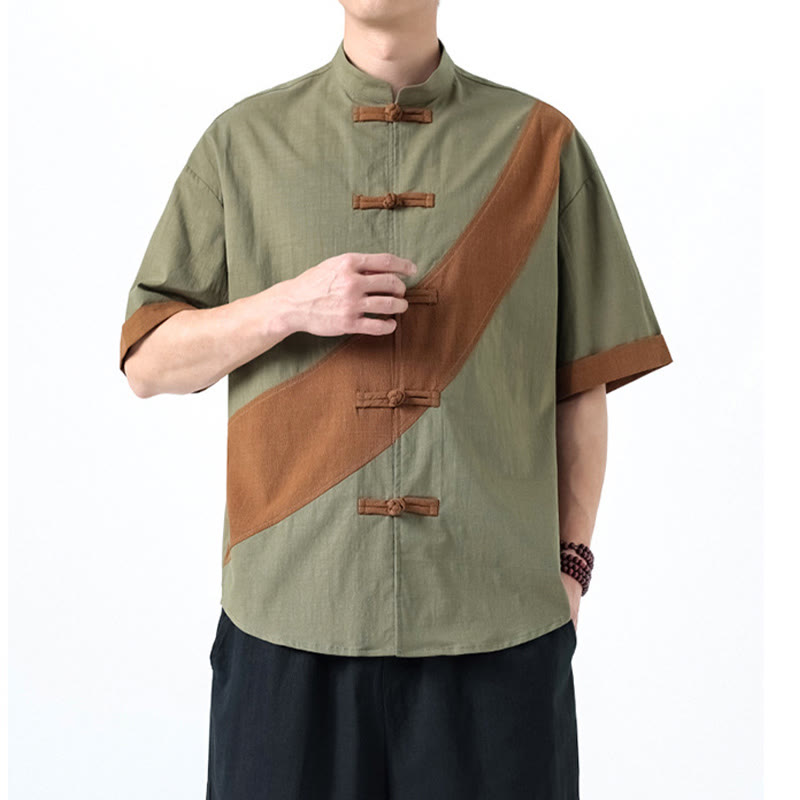 Camisa de lino y algodón de media manga para hombre con diseño de rana china y botones en contraste de colores primaverales y Buddha Stones - image 15