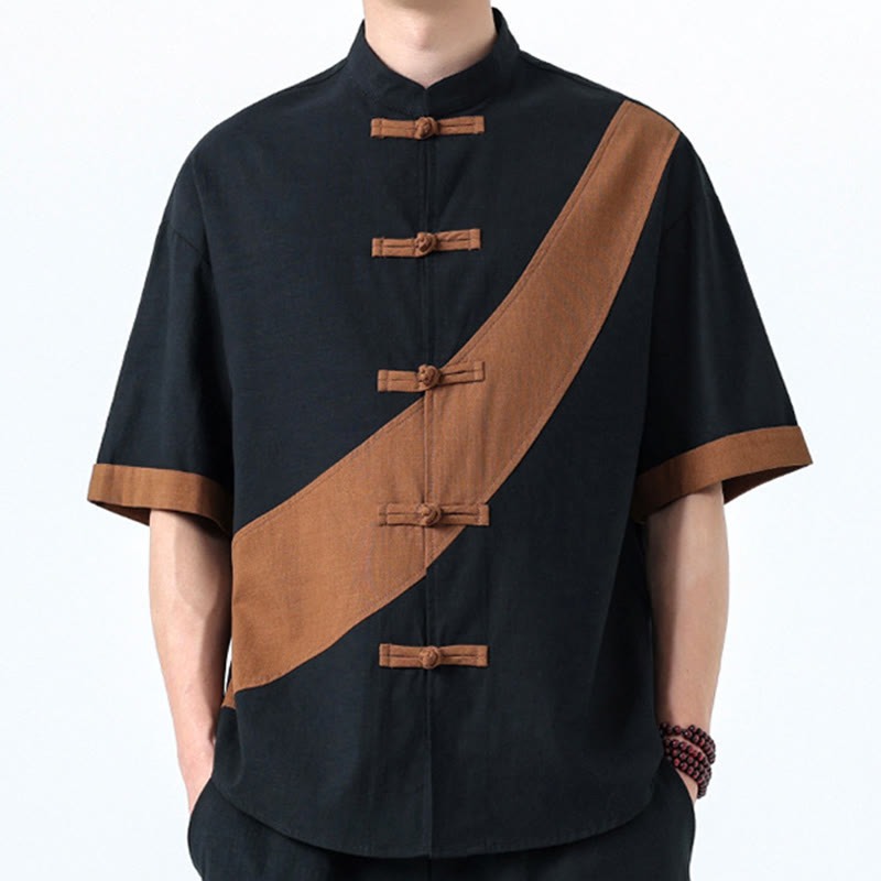 Camisa de lino y algodón de media manga para hombre con diseño de rana china y botones en contraste de colores primaverales y Buddha Stones - image 35