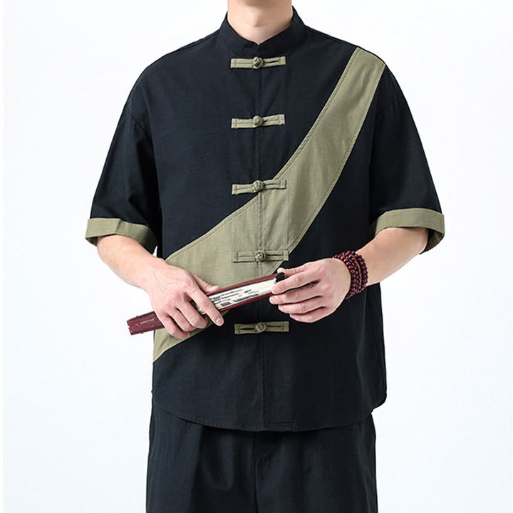 Camisa de lino y algodón de media manga para hombre con diseño de rana china y botones en contraste de colores primaverales y Buddha Stones - image 6