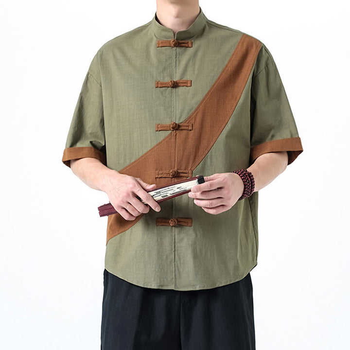Camisa de lino y algodón de media manga para hombre con diseño de rana china y botones en contraste de colores primaverales y Buddha Stones - image 17